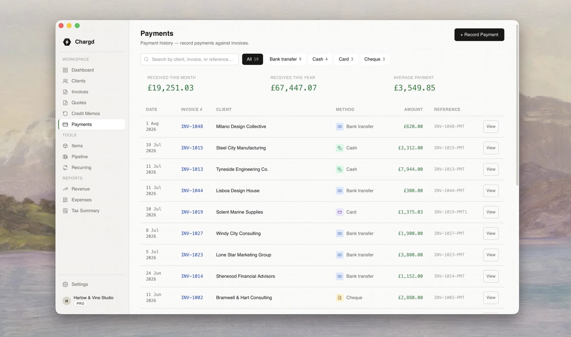 Chargd payments list with methods and amounts