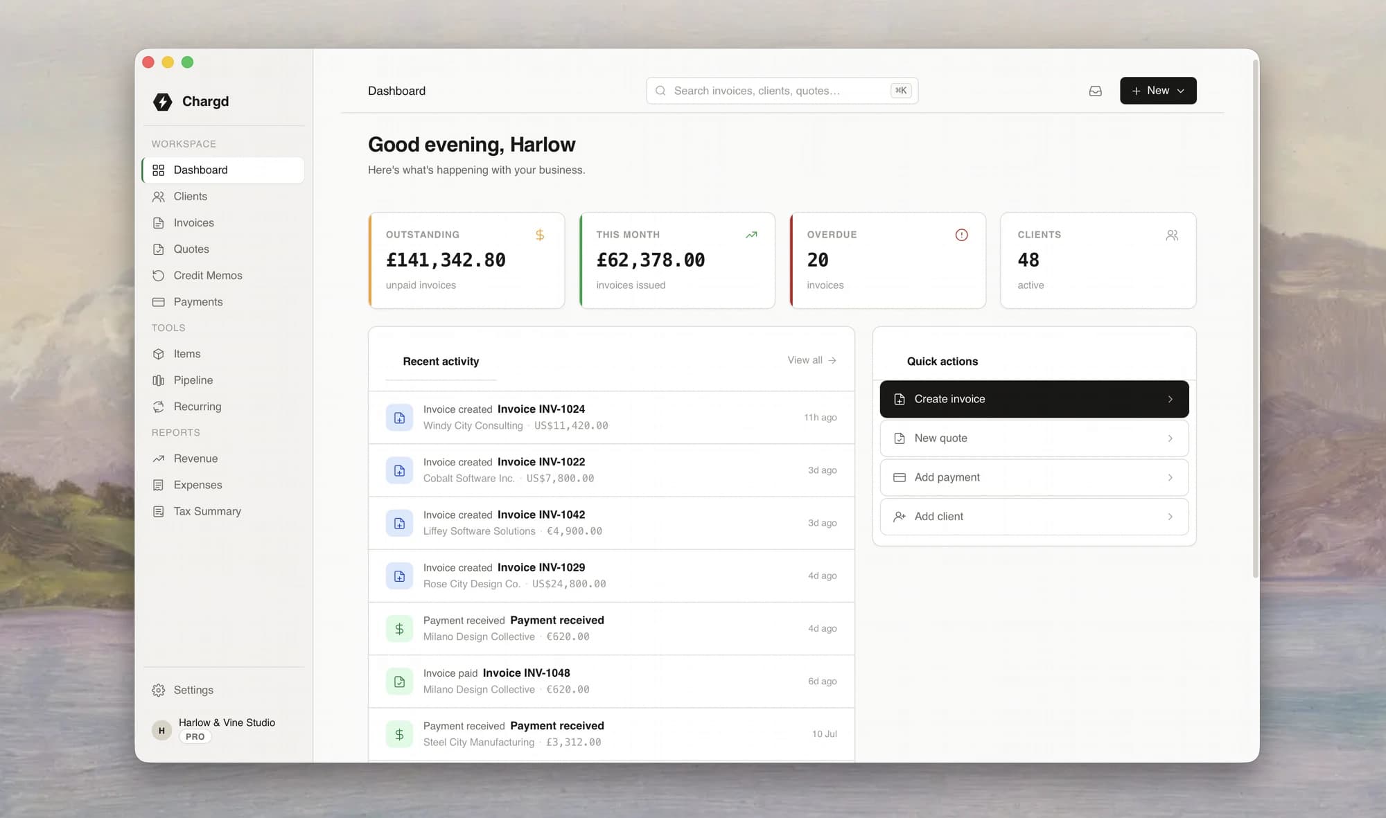 Chargd dashboard showing outstanding invoices, monthly revenue, and recent activity