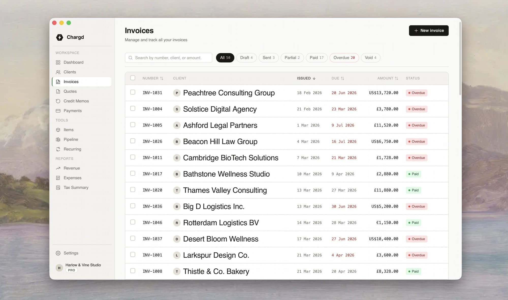 Chargd invoices list with statuses and amounts