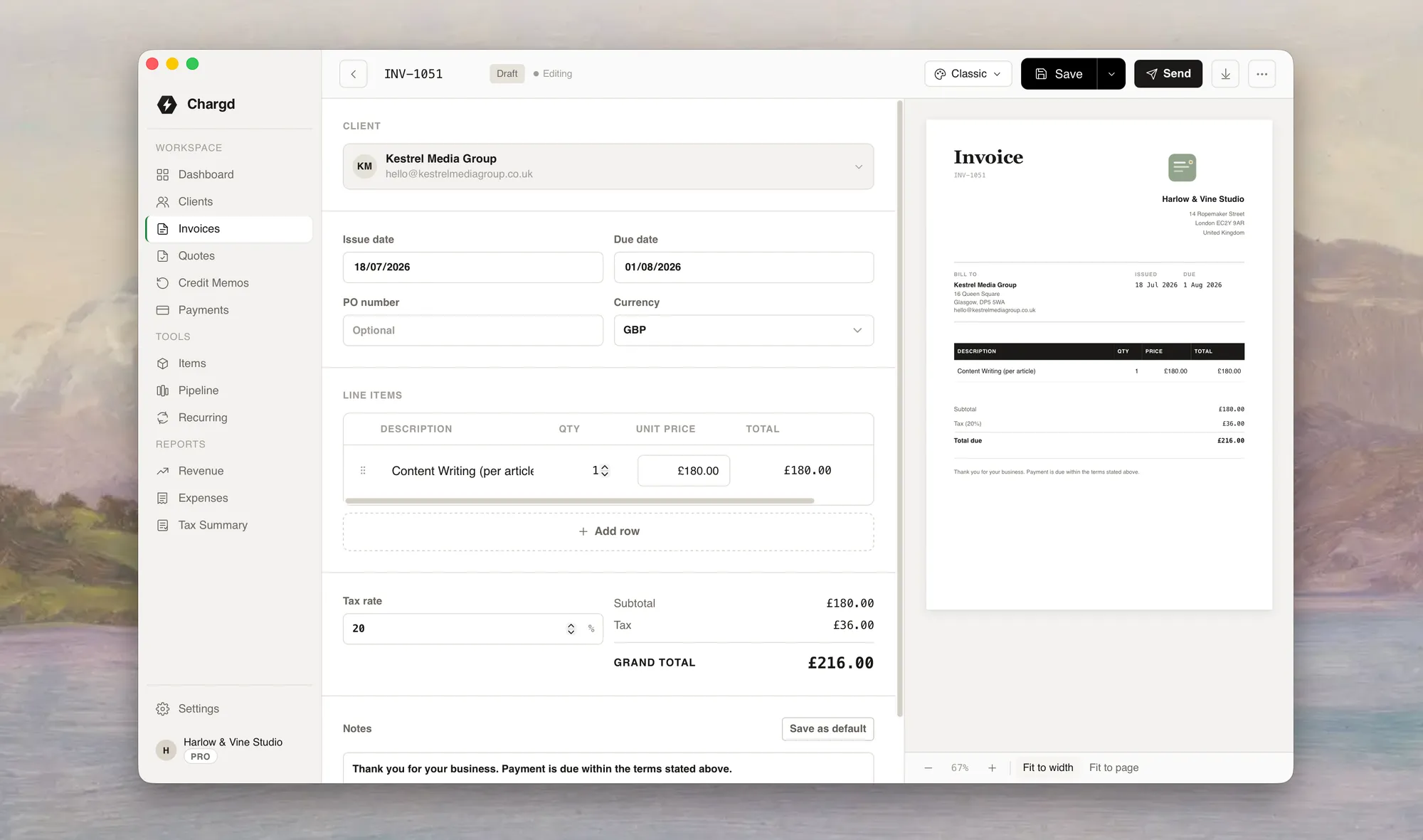 Chargd invoice editor with line items and live PDF preview