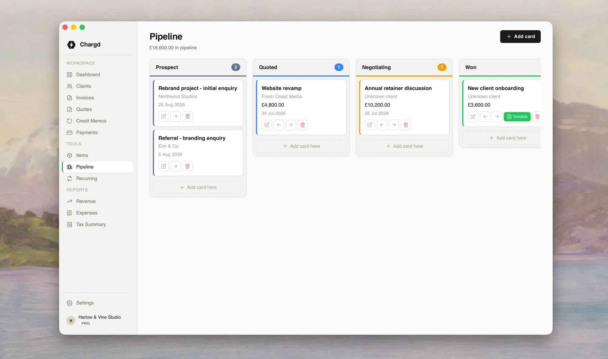 Chargd sales pipeline Kanban board