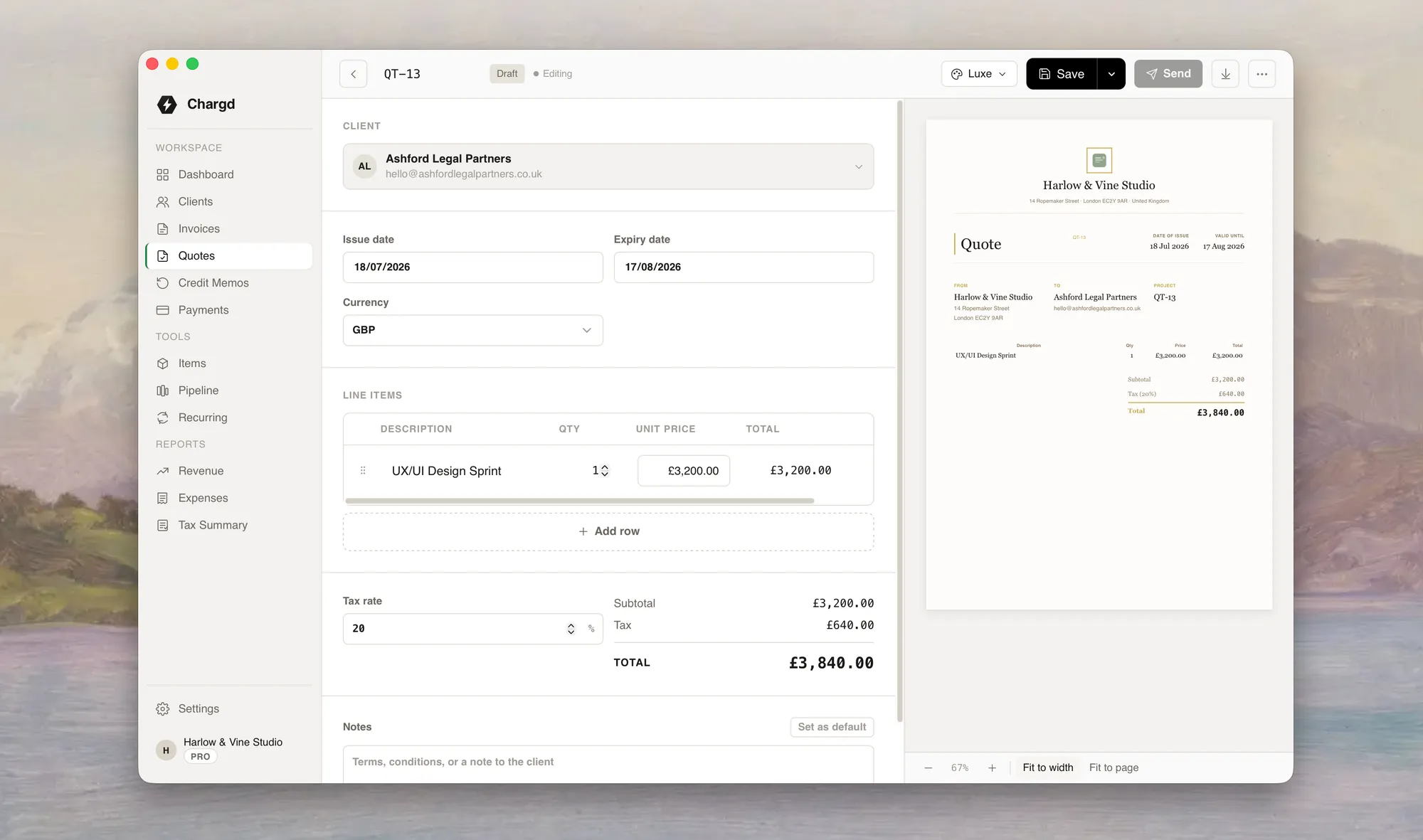Chargd quote editor converting a quote into an invoice