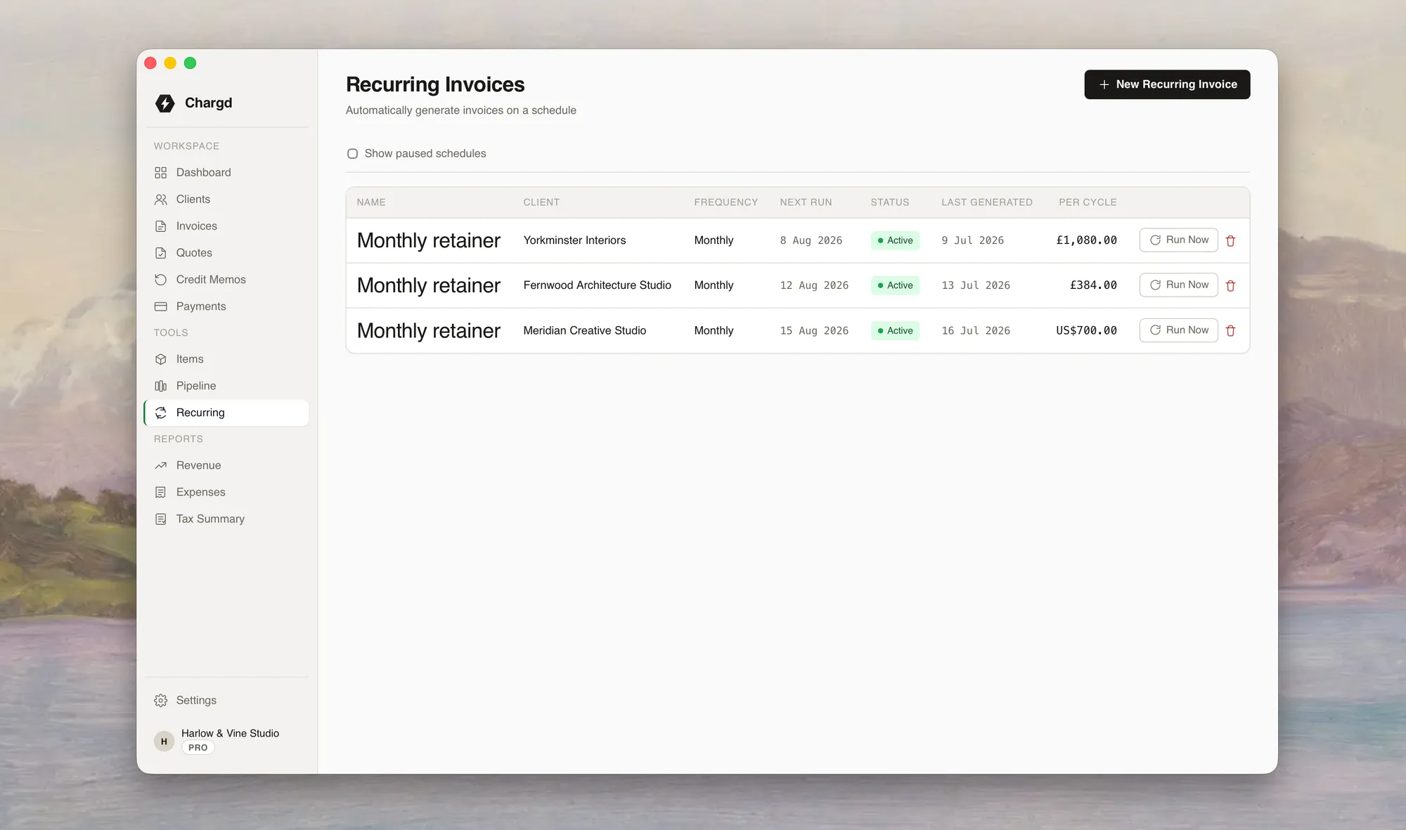 Chargd recurring invoices with schedule and next run date