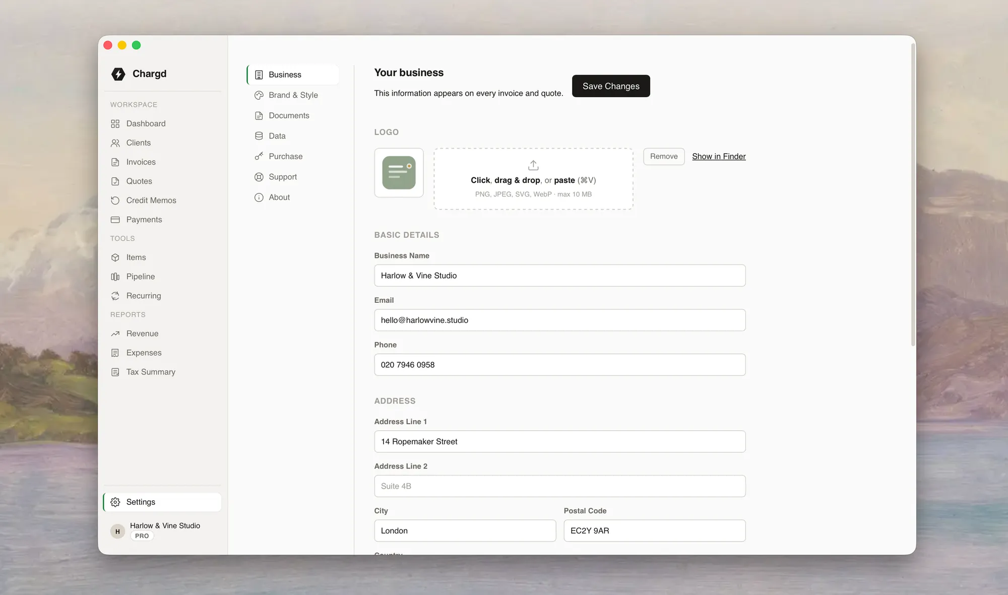 Chargd settings showing business data stored locally