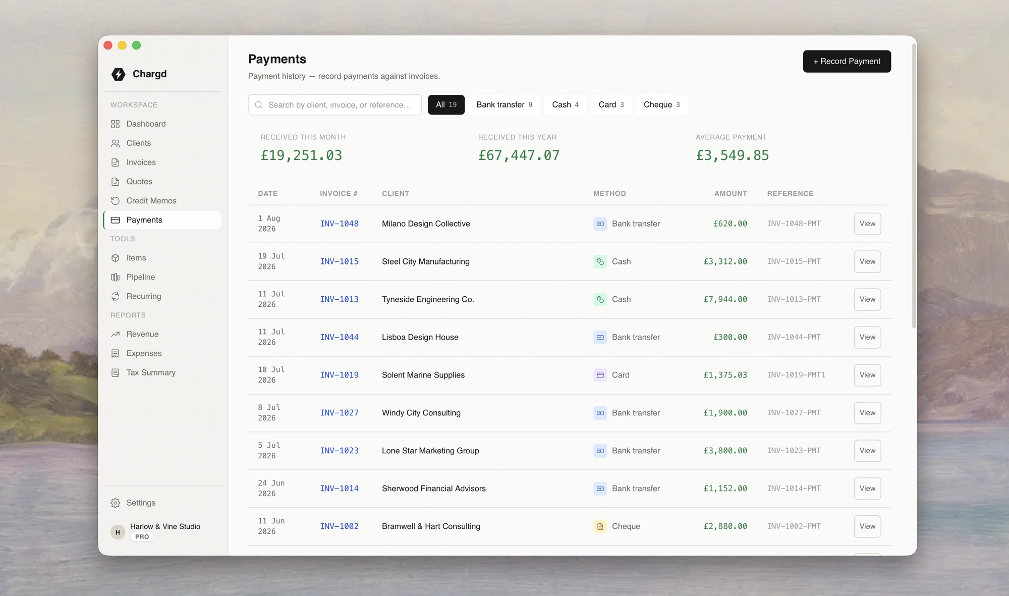 Chargd payments history with amounts and payment methods