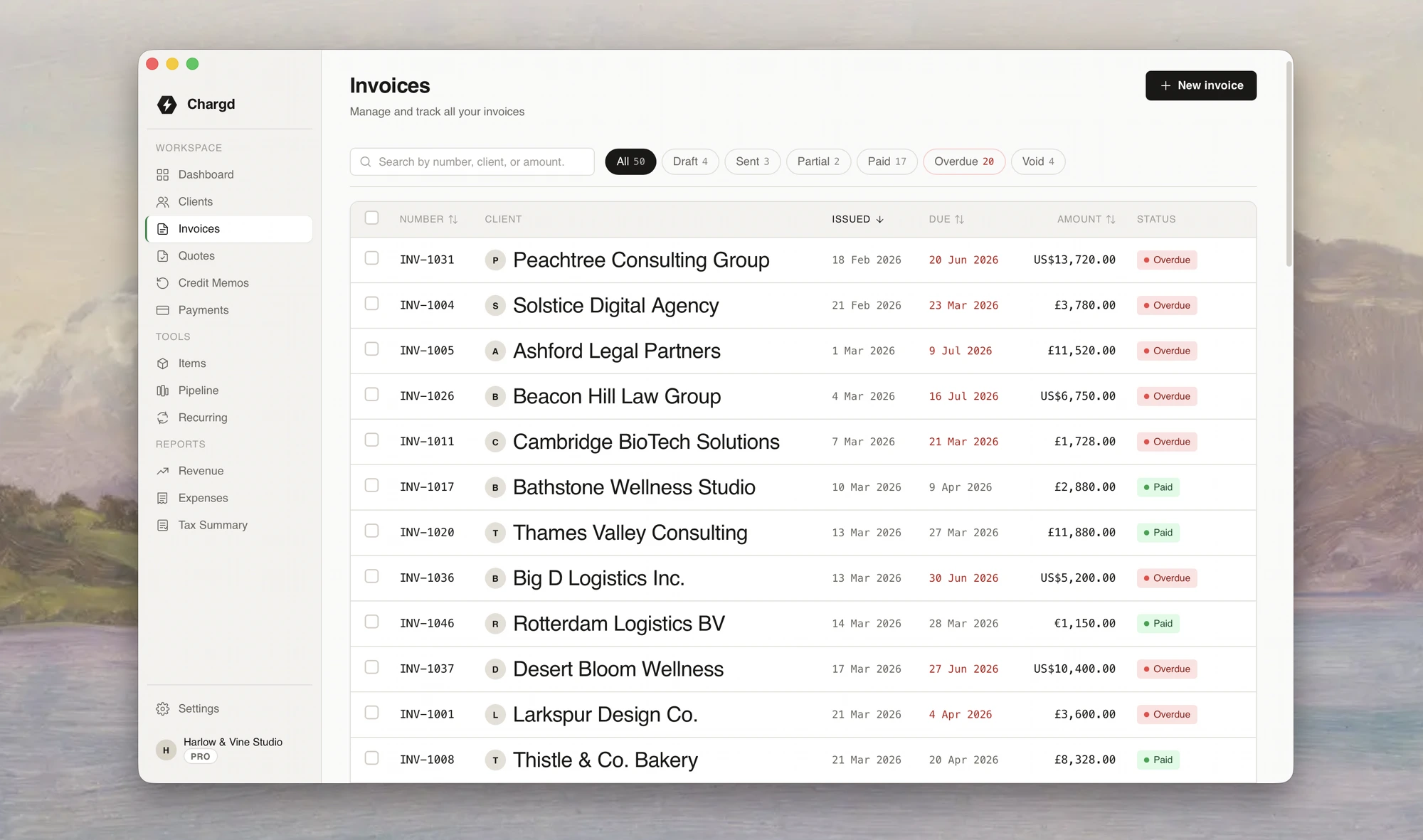 Chargd invoices list with statuses, amounts, and due dates